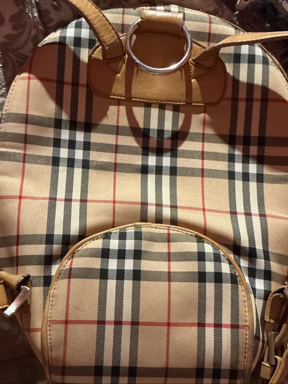 Burberry Tan Nova Check Backpack with Black & Red Accents